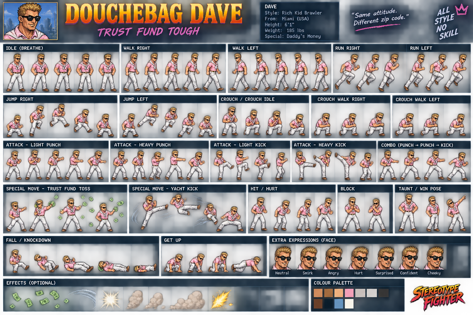Dave's original Stereotype Fighters sprite sheet, showing his combat poses.